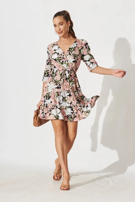 Chara Mock Wrap Dress In Black With Grey Floral Beach floral dresses