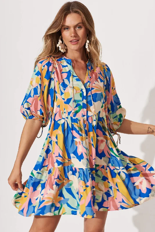 Emelyn Smock Dress In Cobalt With Multi Floral Satin floral dresses