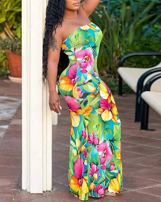 FLORAL PLANTS PRINT BANDEAU MERMAID DRESS Hot new arrivals in floral dresses