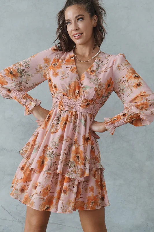 Franca Dress In Blush With Orange Floral Chiffon Outdoor floral dresses