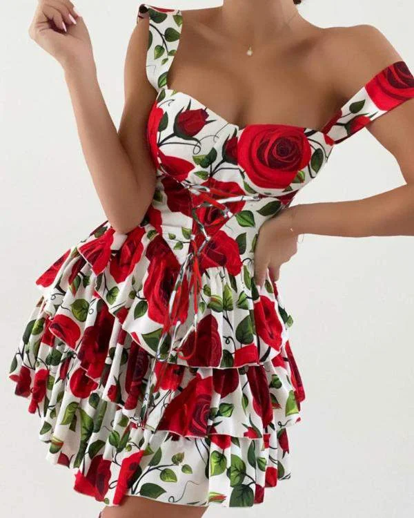 Layered Ruffles Laceup Backless Floral Print Dress Organza floral dresses