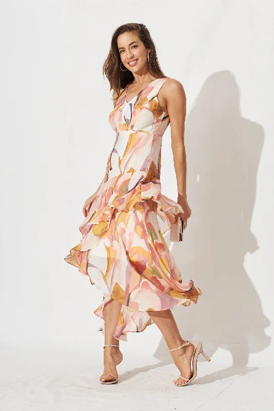 Momentous Dress In White With Multi Orange Floral Retro floral dresses