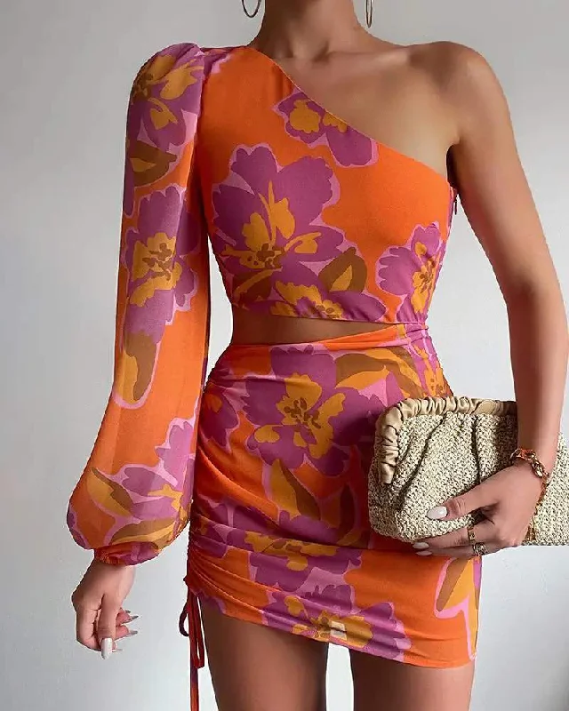 ONE SHOULDER DRAWSTRING CUTOUT FLORAL PRINT PARTY DRESS Women's floral dresses