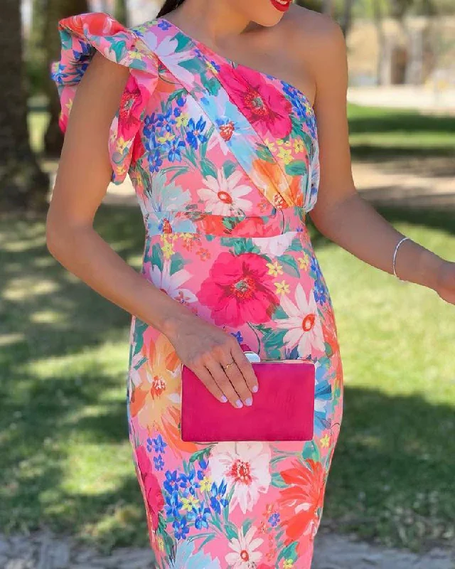 One Shoulder Ruffles Slit Floral Print Dress Edgy floral dresses