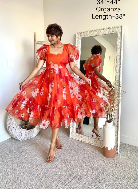 Orange Floral beautiful gown partywear dress A-line floral dresses