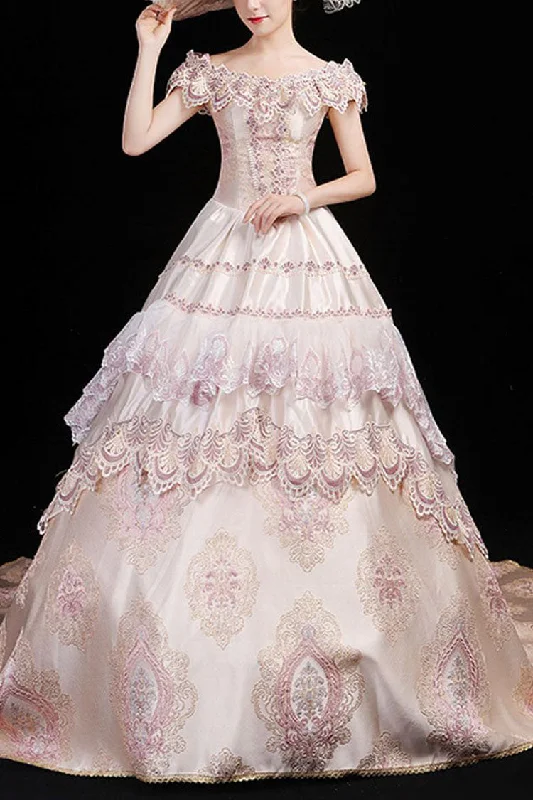 Pink Boat Neck High Waisted Hollow Embroidery Floral Print Multi-Layer Victorian Lolita Prom Dress Expensive floral dresses Pink Boat Neck High Waisted Hollow Embroidery Floral Print Multi-Layer Victorian Lolita Prom Dress Expensive floral dresses