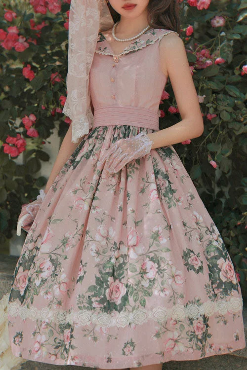 Pink Elegant Vintage French Rose Floral Print V Collar Sleeveless Ruffled Classic Lolita JSK Dress Designer floral dresses Pink Elegant Vintage French Rose Floral Print V Collar Sleeveless Ruffled Classic Lolita JSK Dress Designer floral dresses