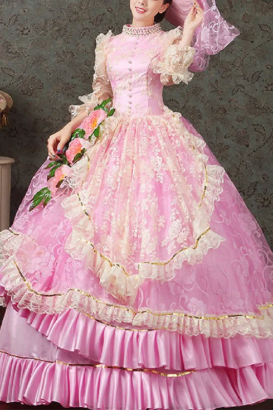 Pink Half Sleeves Lace Stitching High Waisted Hollow Embroidery Floral Print Ruffled Multi-Layer Victorian Lolita Prom Dress Forever 21 floral dresses