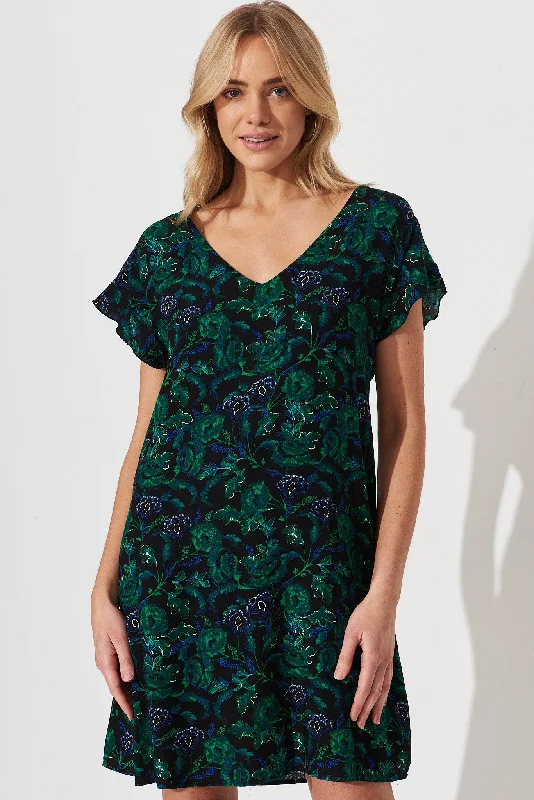 Play It Cool Shift Dress In Emerald With Green And Blue Floral Office floral dresses