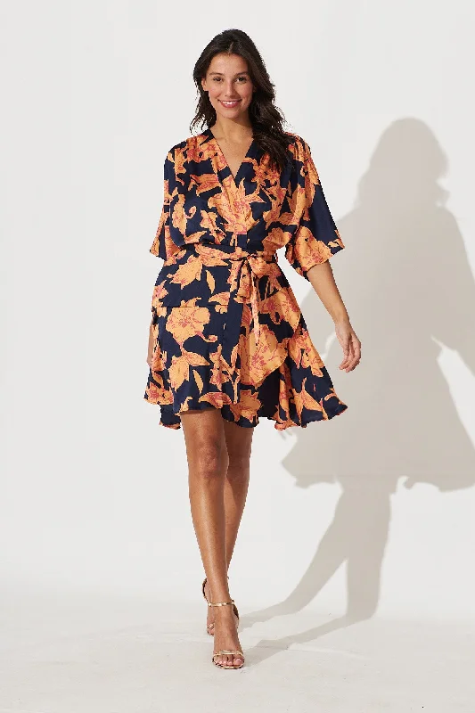 Sunday Dress In Navy With Apricot Floral Print Satin Velvet floral dresses