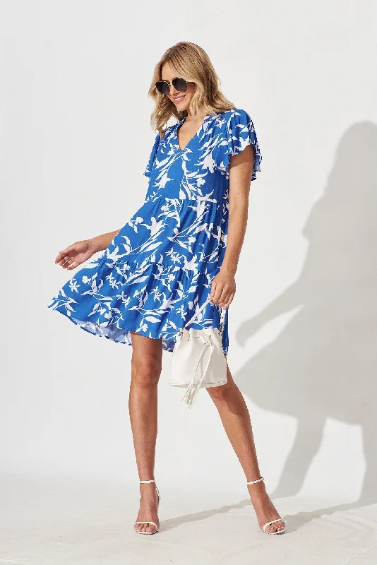 Tiarne Dress In Blue With White Floral Luxury floral dresses