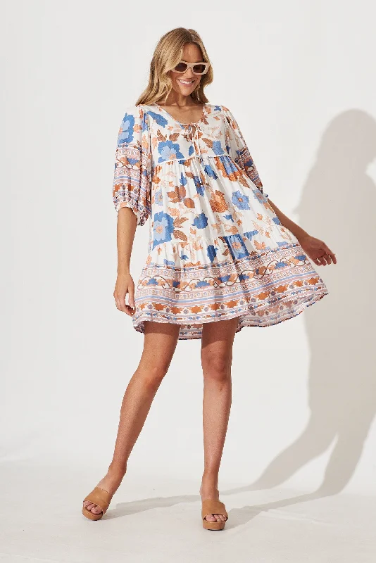 Wednesday Smock Dress In White With Rust Boho Floral Brunch floral dresses