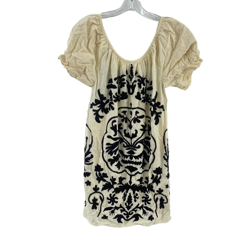 Free People Fiona Cream Embroidered Puff Sleeves Mini Dress Women’s XS Preowned Raw Hem Mini Skirt