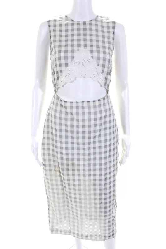 Alice McCall Women's Round Neck Sleeveless Cutout Gray Check Maxi Dress High-Low Maxi Skirt Alice McCall Women's Round Neck Sleeveless Cutout Gray Check Maxi Dress High-Low Maxi Skirt