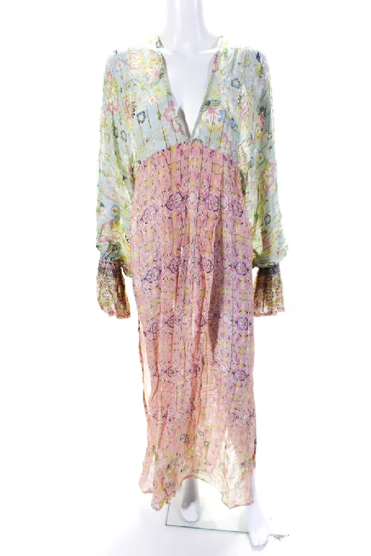 Hemant & Nandita Womens Metallic Floral Long Sleeve Maxi Dress Green Soft Flow Maxi
