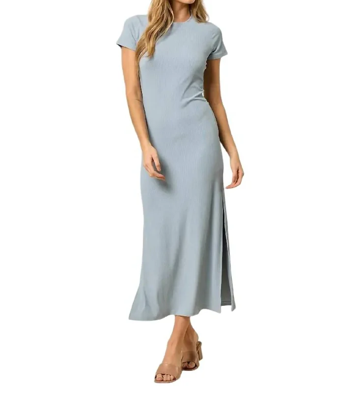 Ribbed Knit Maxi Dress With Slit In Blue Maxi Skirt Glam