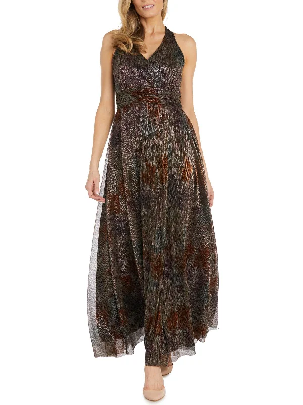Womens Maxi Metallic Evening Dress Ruffle Long Maxi