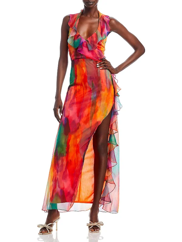 Womens Ruffled Halter Maxi Dress Sexy Maxi Skirt