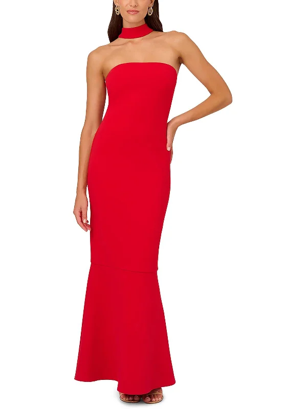 Womens Strapless Long Evening Dress Front Pocket Maxi