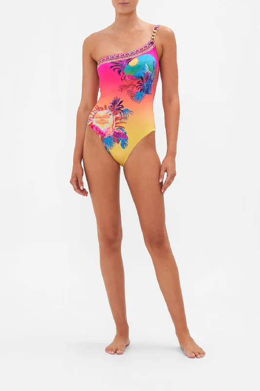 ONE SHOULDER ONE PIECE WITH CHAIN FLIGHT OF THE FLAMINGO Luxury unclassified dresses