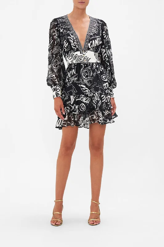BUTTON FRONT FRILL DRESS SPIRIT SCRIBBLE Breathable unclassified dresses