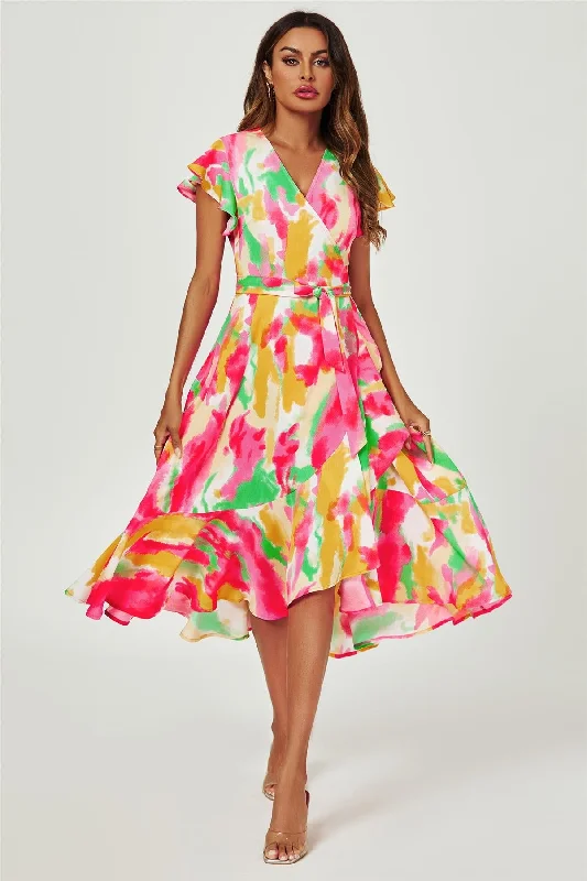 Abstract Floral Print Midi Wrap Dress In Pink Soft A-line Skirt