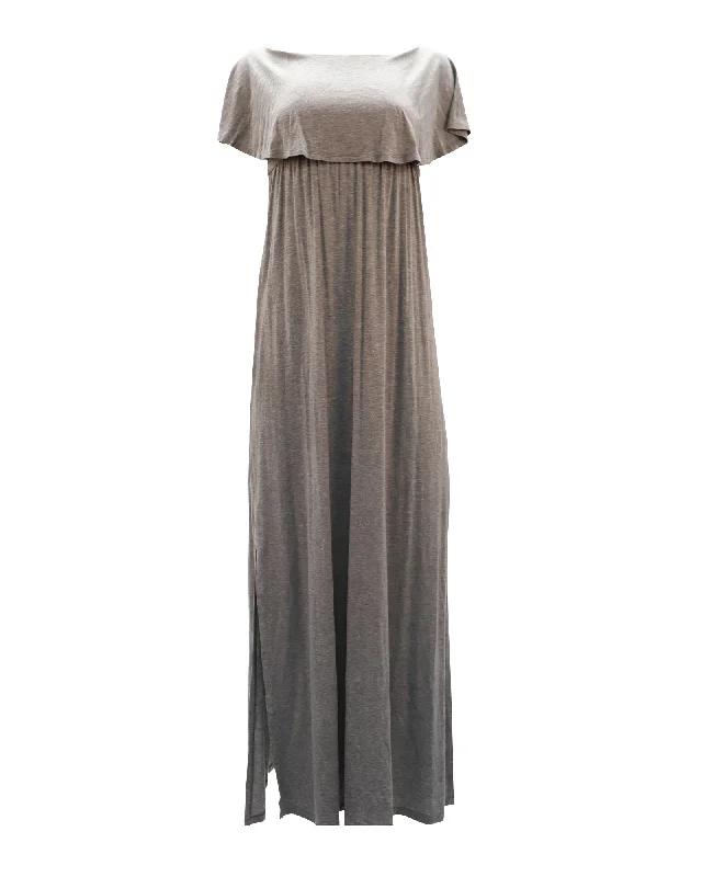 Alice + Olivia Off Shoulder Slit Dress in Grey Lyocell Boho unclassified dresses