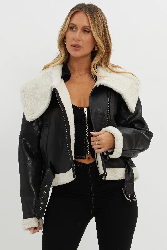 Aviatrix Faux Leather Sherpa Jacket Black Bright color unclassified dresses