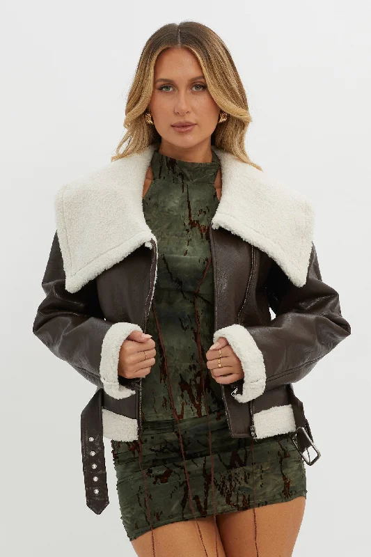 Aviatrix Faux Leather Sherpa Jacket Brown Office unclassified dresses