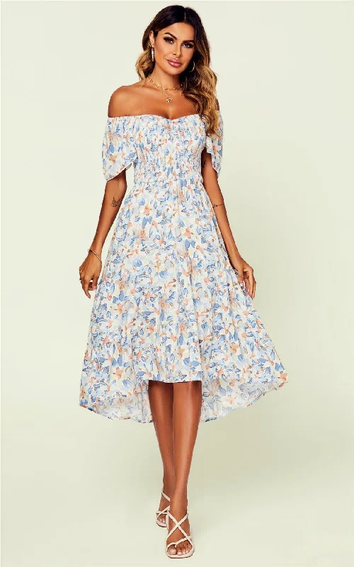 Bardot Angel Sleeve Elasticated Detail Midi Dress In White & Blue Floral Print Pleated Midi Skirt