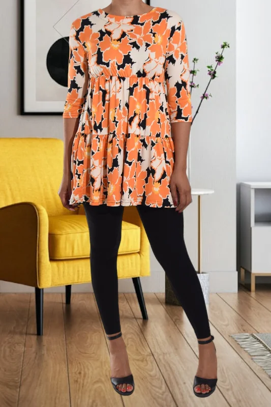Black And Orange Printed Ruffle Dress Top Open-back unclassified dresses