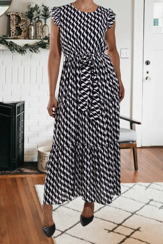 Black Swirl Print Ruffle Tie Dress Lace unclassified dresses