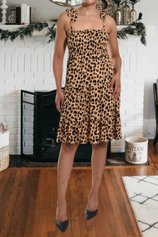 Brown Printed Tie Shoulder Dress Office unclassified dresses