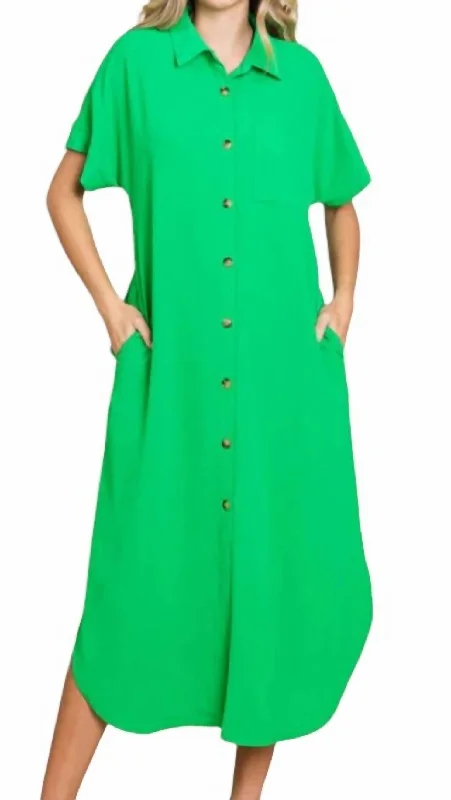 Button Down Midi Dress In Kelly Green Soft Denim Midi