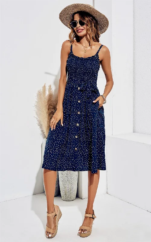 Button Down White Dot Print Midi Dress In Navy Blue Warm Midi Skirt