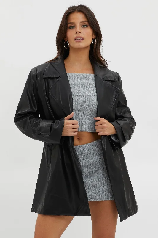 Casanova Girl Faux Leather Trench Coat Jacket Black Beaded unclassified dresses