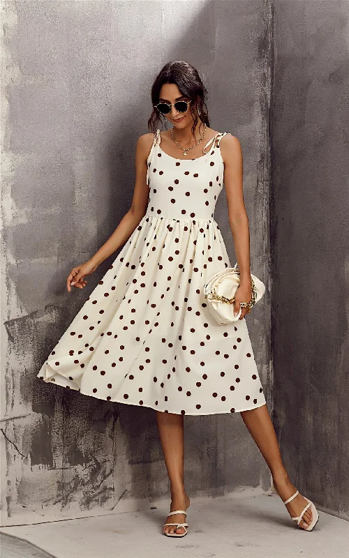 Cream & Chocolate Polka Dot Print Strappy Bardot Midi Dress Midi Skirt Fashion