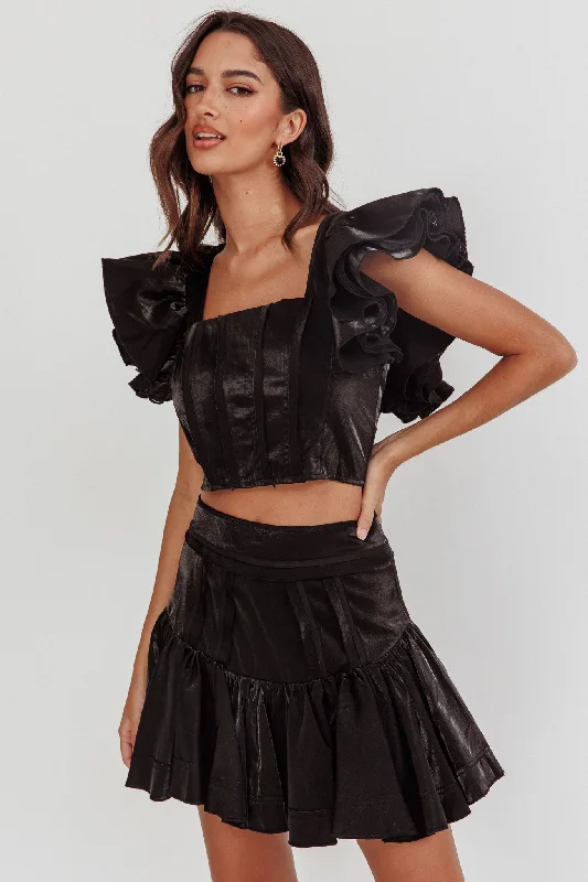 Debutante Ruffle Sleeve Crop Top Black Ruched unclassified dresses