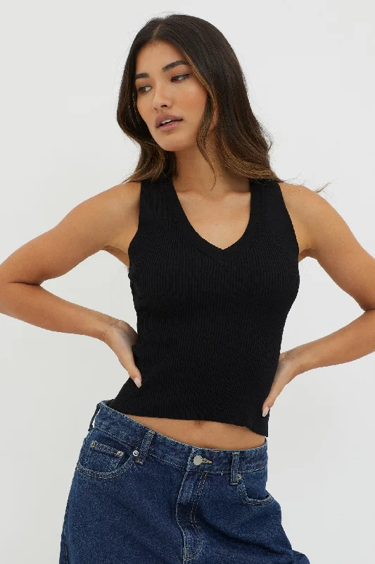 D'Lila V-Neck Ribbed Knit Top Black Everyday wear unclassified dresses