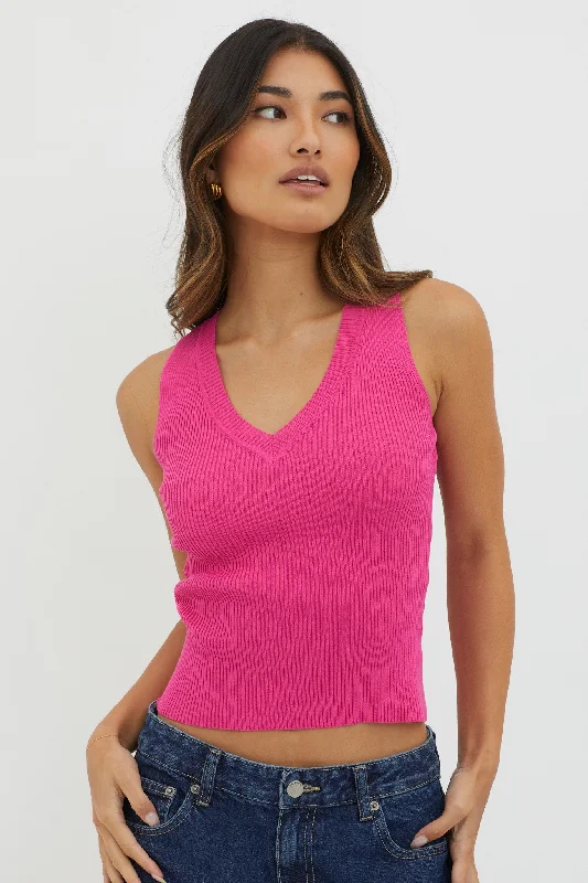 D'Lila V-Neck Ribbed Knit Top Hot Pink Everyday wear unclassified dresses