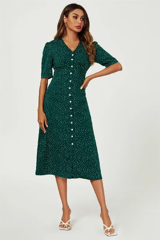 Dot Print Button Front Midi Dress In Green Midi Skirt Trendy