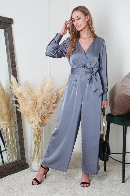 Double Second Silver/blue Lux Satin Wrap Jumpsuit Elegant unclassified dresses