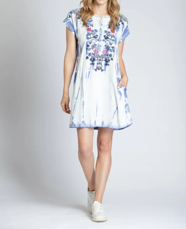 Embroidered Bird Dress In Indigo Tiered unclassified dresses