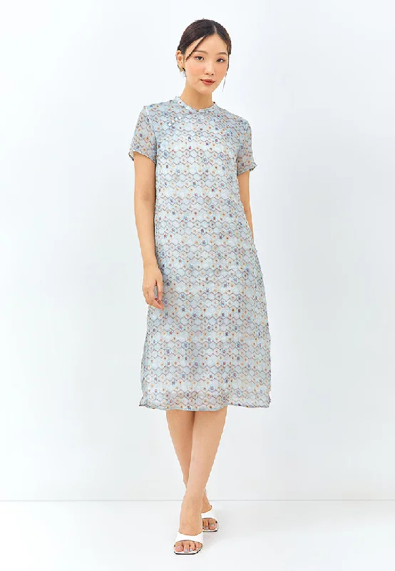 Geometric Print Cheongsam Dress in Light Blue Striped unclassified dresses