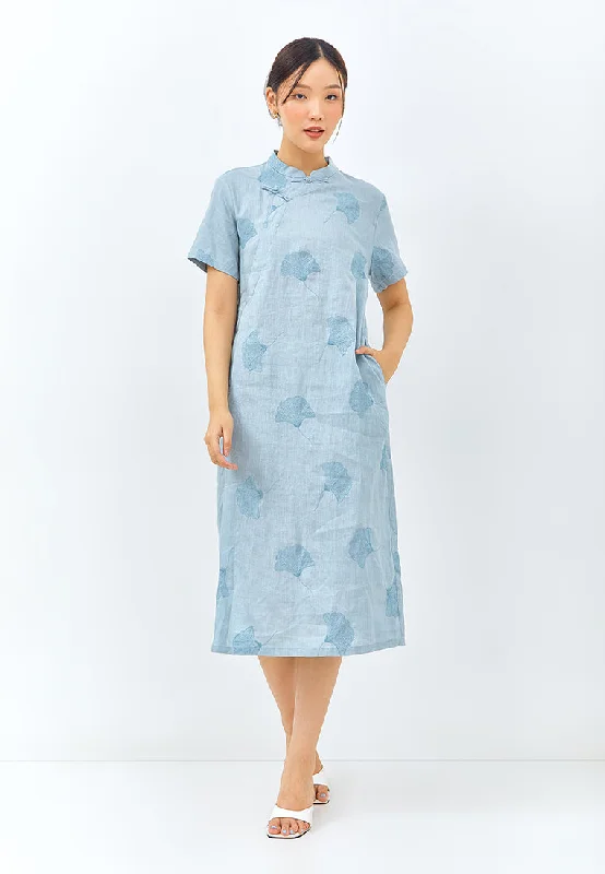 Embroidered Linen Cheongsam Dress in Light Blue High-end unclassified dresses