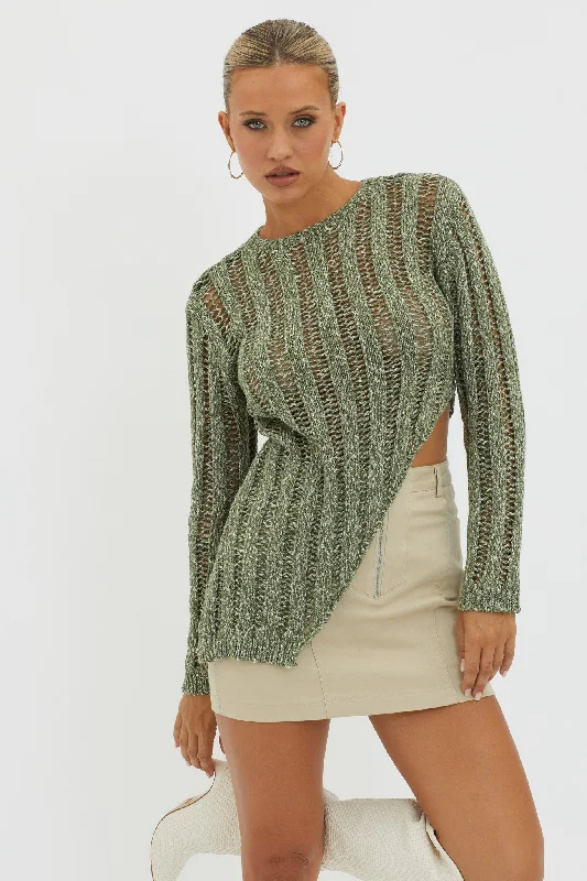 Evergreen Asymmetrical Hem Ribbed Knit Top Olive Everyday wear unclassified dresses