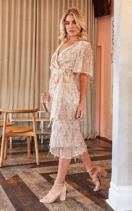 Fireworks Sequin Midi Dress - Beige Gold Knit Midi Skirt