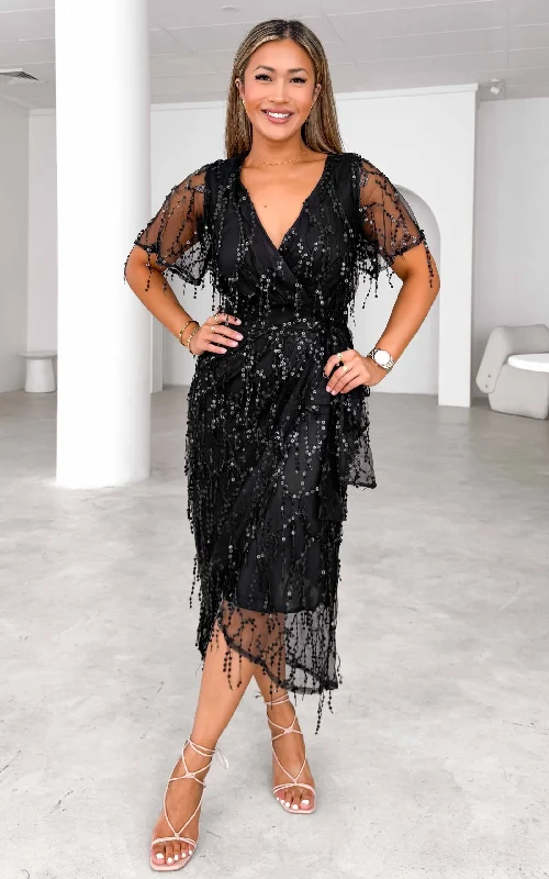 Fireworks Sequin Midi Dress - Black Black Midi Skirt