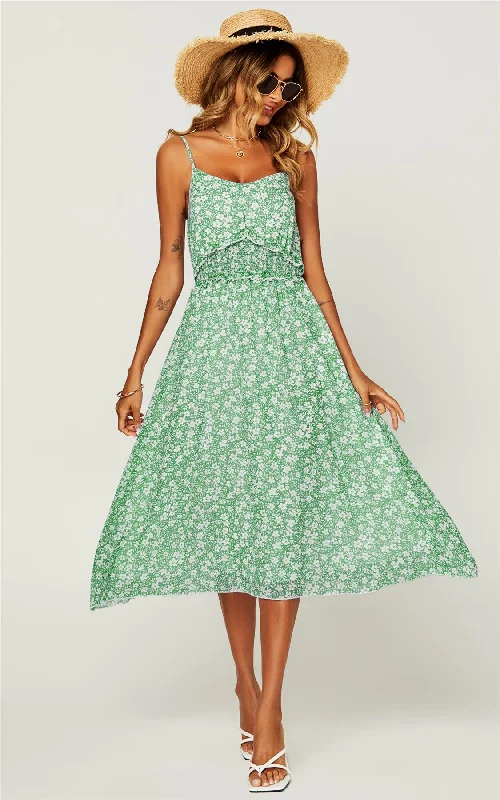 Flora Print Frill Trim Detail Wrap Strappy Midi Dress In Light Green Ruffled Midi Skirt