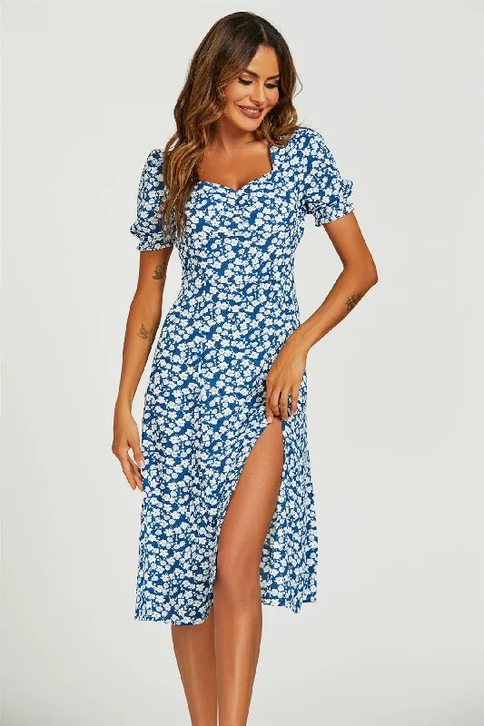 Floral Print Heart Neckline Split Midi Dress In Blue Cozy Midi Skirt